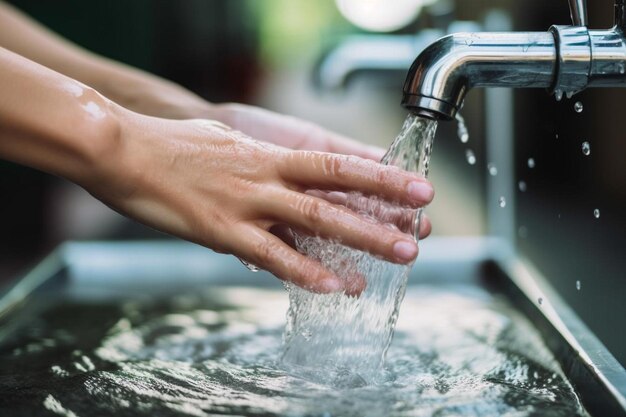 una persona che si lava le mani in un lavandino con l'acqua che ne esce