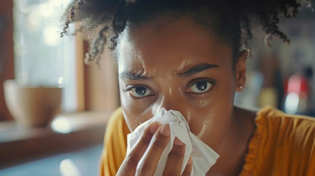 Una persona che soffre di freddo soffia il naso in un fazzoletto