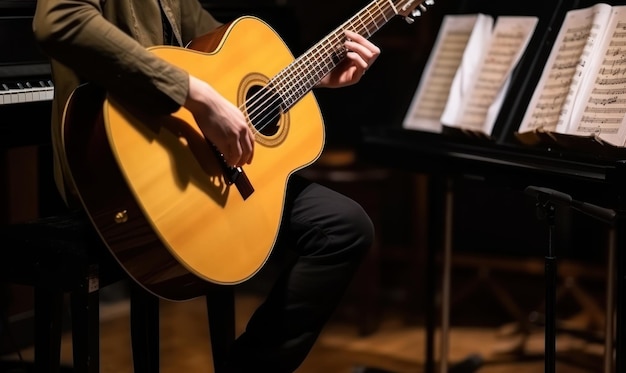 Una persona che suona una chitarra con un leggio in sottofondo