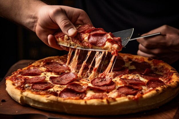 Una persona che taglia una pizza di carne appena cotta con un coltello affilato