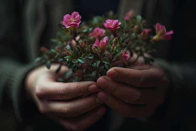 Una persona che tiene dei fiori rosa nelle mani