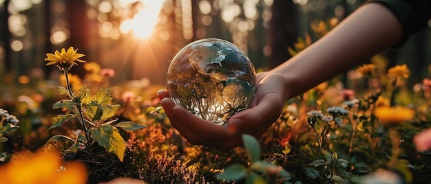 una persona che tiene in mano un globo di vetro in un campo di fiori