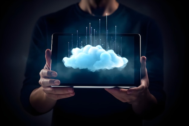 Una persona che tiene in mano un tablet con una nuvola sullo schermo