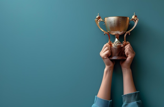 Una persona che tiene in mano un trofeo d'oro con un stemware blu elettrico nelle vicinanze