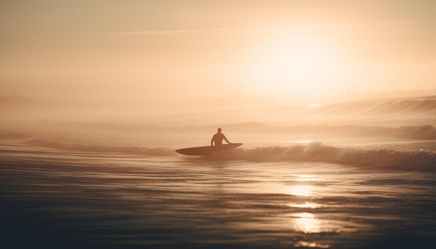 Una persona che tiene in mano una tavola da surf che rema verso l'onda retroilluminata generata dall'intelligenza artificiale