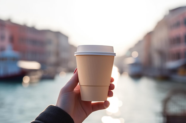 Una persona che tiene in mano una tazza di caffè immagine generativa ai