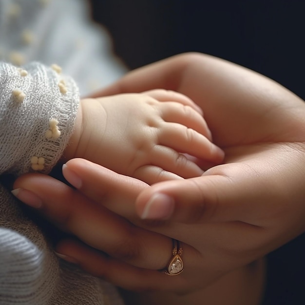 una persona che tiene la mano di un bambino con un anello su di esso