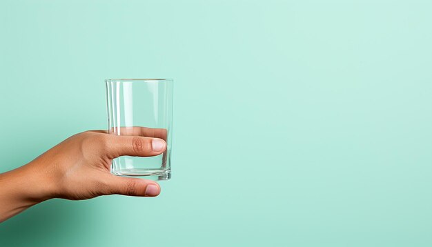 una persona che tiene un bicchiere d'acqua con uno sfondo verde