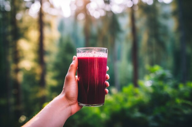 Una persona che tiene un bicchiere di succo di barbabietole con un sorriso