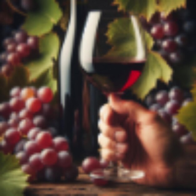 una persona che tiene un bicchiere di vino e una bottiglia di vino con l'uva