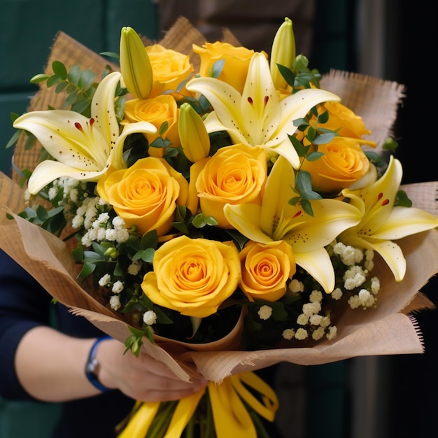 una persona che tiene un bouquet di fiori che dice fiori