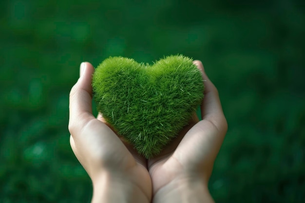 Una persona che tiene un cuore verde con sopra la parola amore