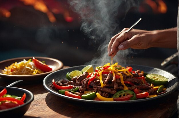 Una persona che tiene un piatto di fajitas frizzanti con un d