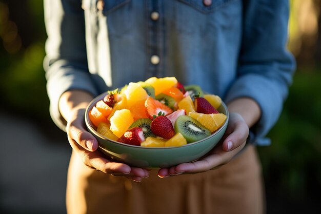 Una persona che tiene un piatto di insalata di frutta all'aperto