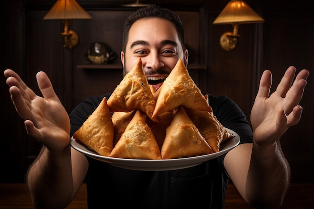 Una persona che tiene un piatto di samosa e ride