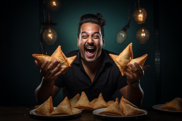 Una persona che tiene un piatto di samosa e ride