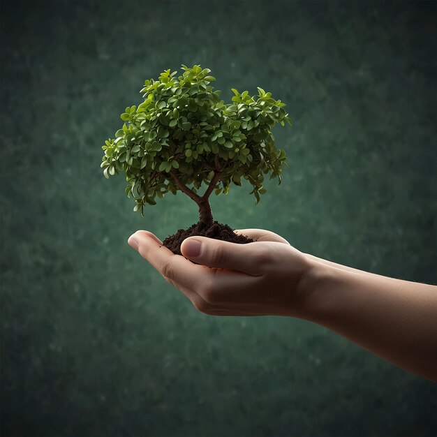 una persona che tiene un piccolo albero con una pianta verde nelle loro mani
