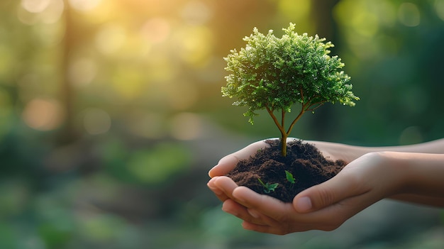 Una persona che tiene un piccolo albero nelle mani con la terra nel terreno e la luce del sole che splende attraverso il