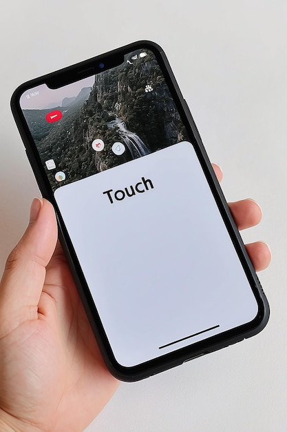Una persona che tiene un telefono che ha uno schermo bianco che dice "touch quot" sullo schermo