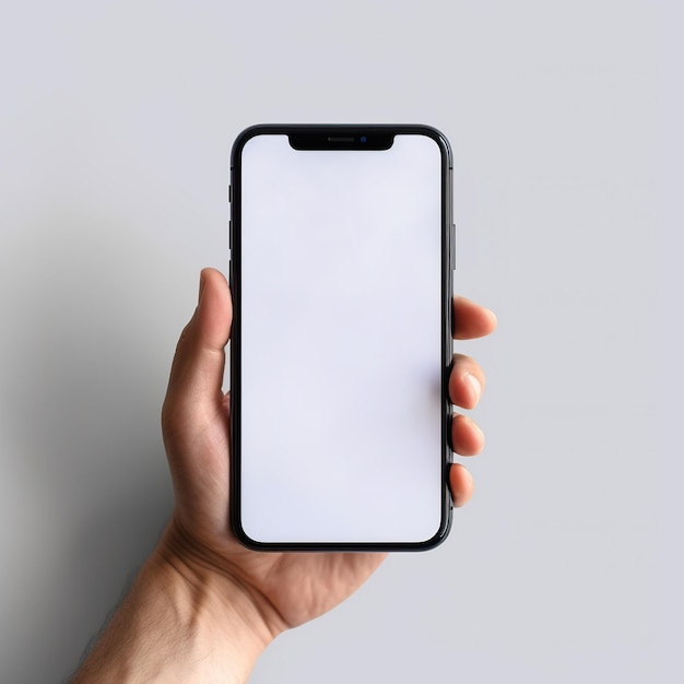 Una persona che tiene un telefono con uno schermo bianco Immagine AI generativa Mockup di telefono cellulare