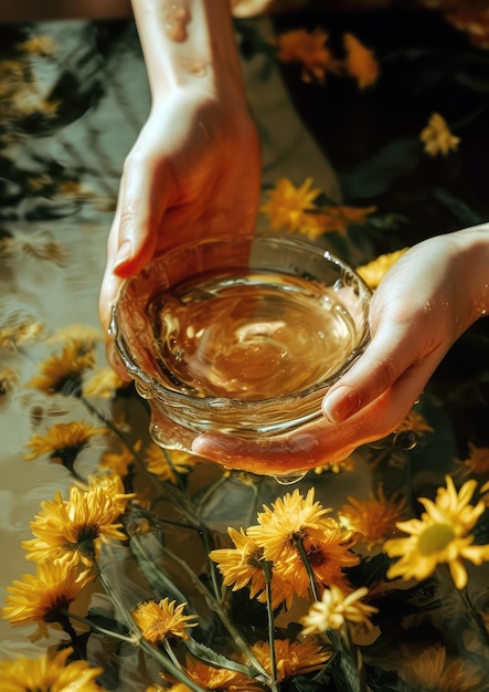 Una persona che tiene una ciotola d'acqua con fiori gialli sullo sfondo.