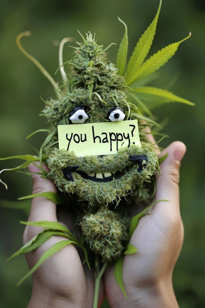 Una persona che tiene una pianta di marijuana con le parole "Tu sei felice"