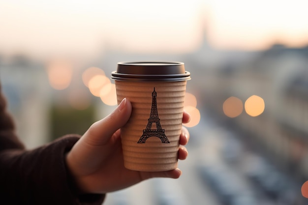 Una persona che tiene una tazza di caffè con la torre eiffel sullo sfondo dell'immagine generativa ai