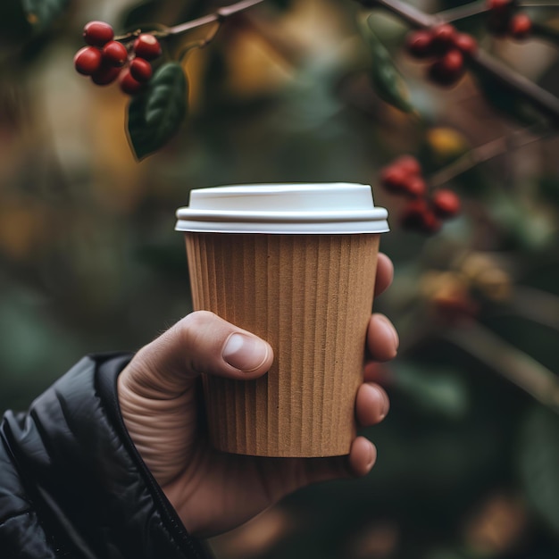 Una persona che tiene una tazza di caffè in mano con le bacche sull'albero sullo sfondo e un