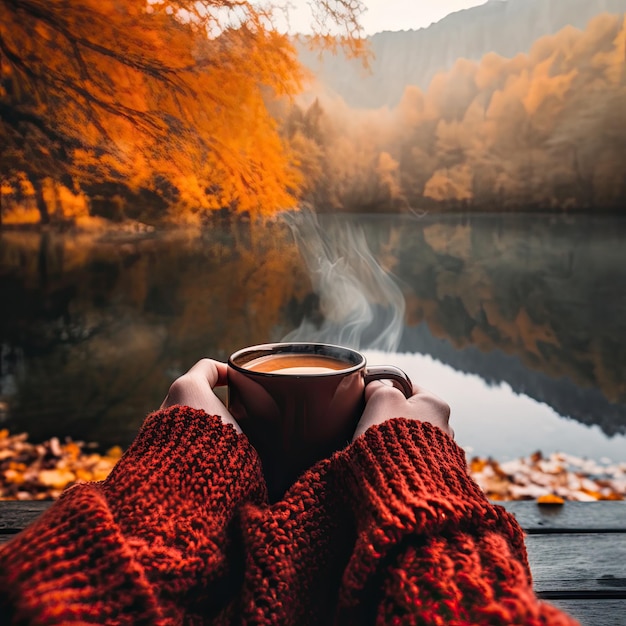 una persona che tiene una tazza di caffè nelle mani davanti al lago
