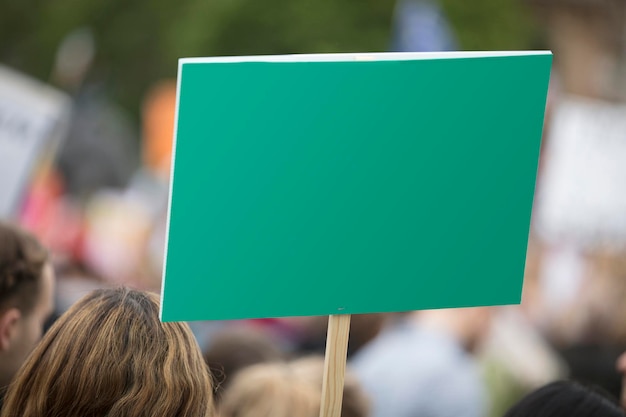 Una persona che tiene uno striscione di protesta verde vuoto a una manifestazione politica