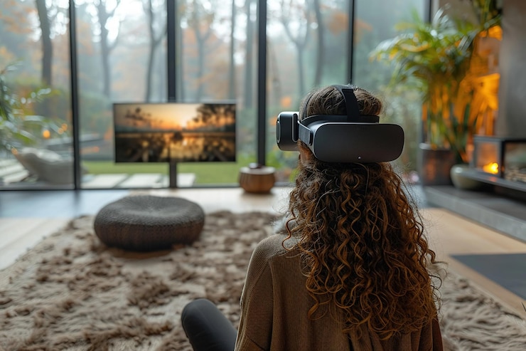 Foto una persona che usa la vr per visualizzare un design di cucina ristrutturato