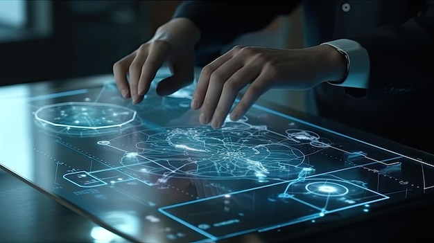 Una persona che usa un touch screen con sopra una mappa del mondo.