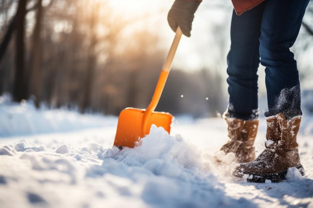 Una persona che usa una pala per la neve per cancellare la neve da un sentiero dopo una tempesta invernale