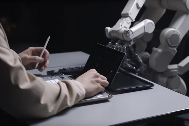 Una persona che utilizza un laptop con un robot bianco dietro di sé.