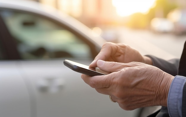 Una persona che utilizza un telefono cellulare fuori da un'auto.