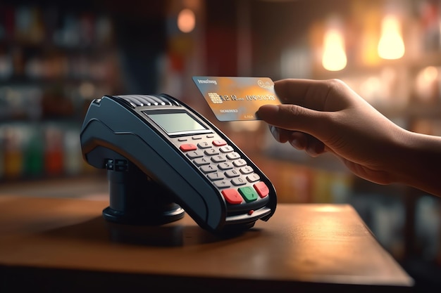 Una persona che utilizza una macchina pos con una carta di credito in mano.