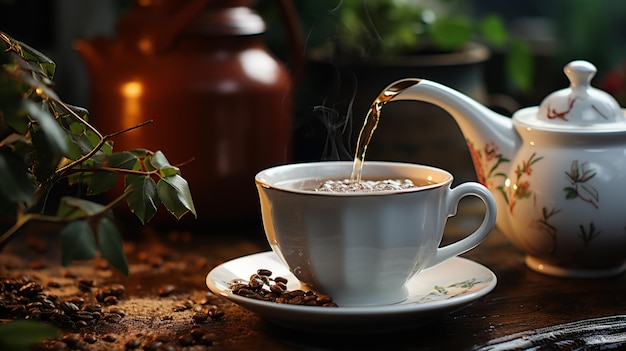 una persona che versa il caffè nero dalla teiera in ceramica bianca nella tazza di caffè