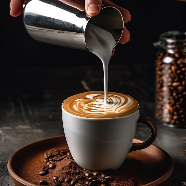 Una persona che versa una tazza di caffè da una tazza da caffè.