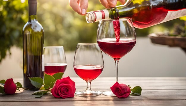 una persona che versa vino in un bicchiere con una bottiglia di vino e rose