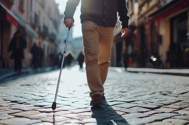 Una persona con disabilità visive che usa una canna per la mobilità
