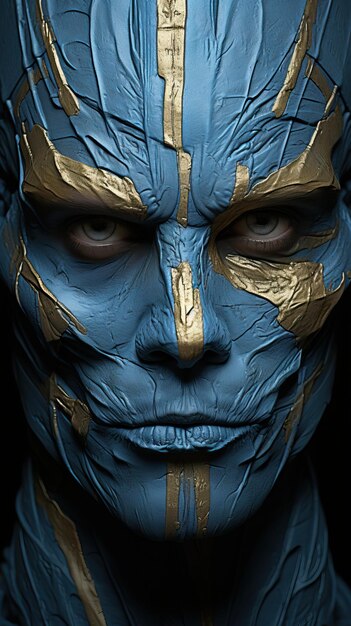 Una persona con la faccia dipinta di blu e oro
