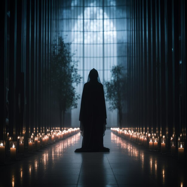 una persona con un mantello nero in piedi davanti alle candele