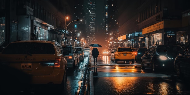 Una persona con un ombrello attraversa una strada trafficata di notte.