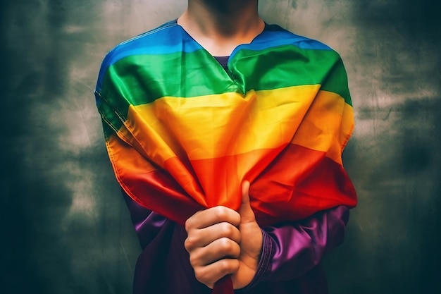 Una persona con una camicia arcobaleno tiene una bandiera arcobaleno.