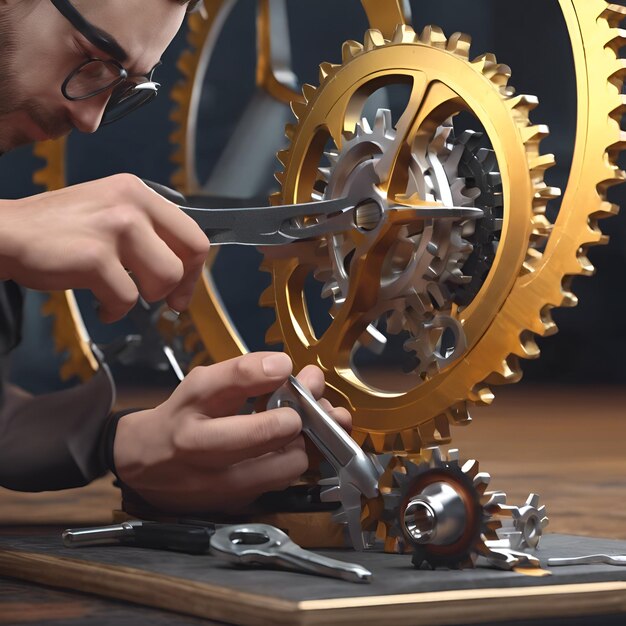 Una persona con una chiave inglese che ripara una ruota dentata rotta che simboleggia la risoluzione dei problemi e l'innovazione nel mondo del lavoro