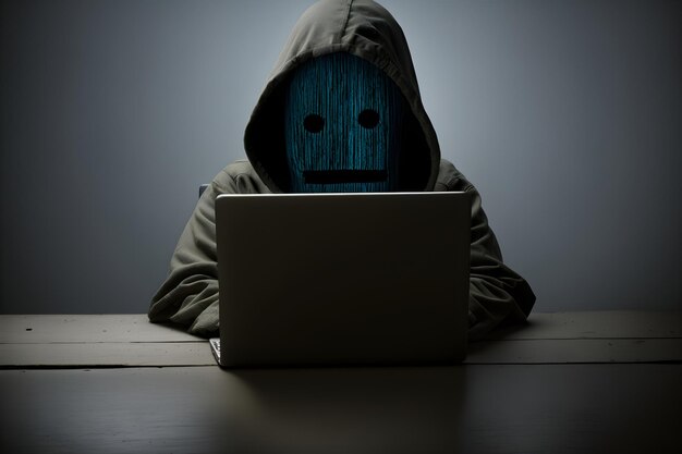 Una persona con una felpa con cappuccio sta usando un laptop con una faccia sopra.