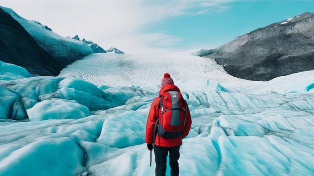 Una persona con una giacca rossa si trova di fronte a un ghiacciaio con sopra la parola ghiaccio.