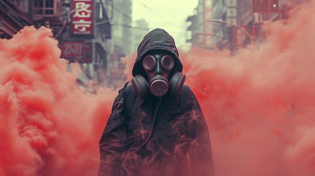 Una persona con una maschera antigas in una scena urbana piena di fumo
