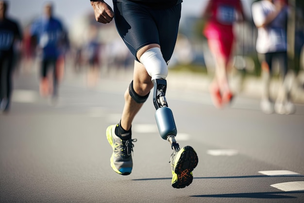 Una persona con una protesi alla gamba corre lungo una strada.