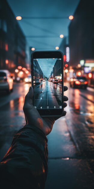 Una persona con uno smartphone in diretta dalla città